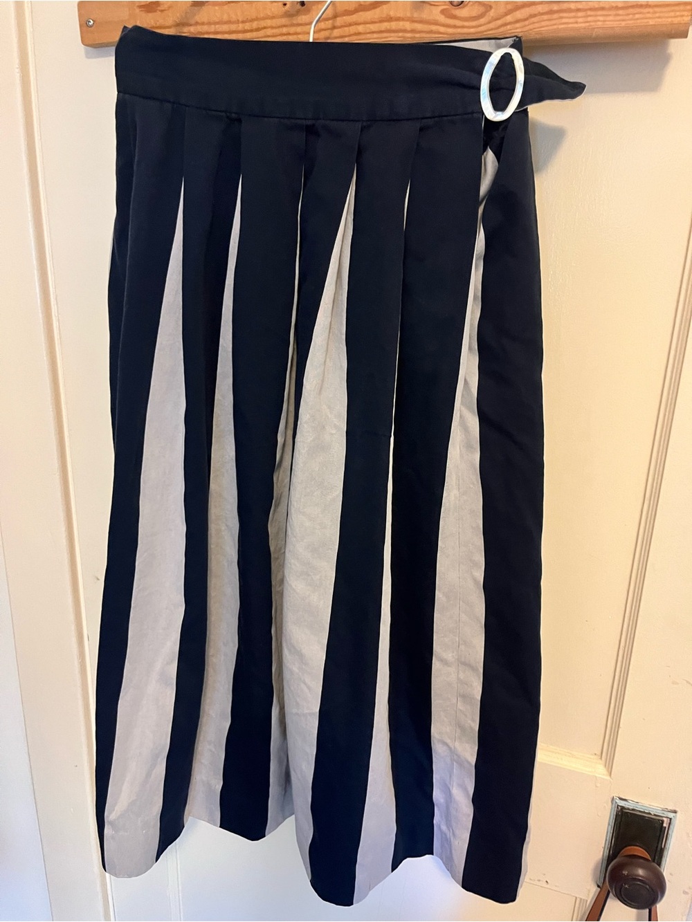 Perry Ellis Women’s Black and Silver Striped Mid-calf Skirt (small size 10)